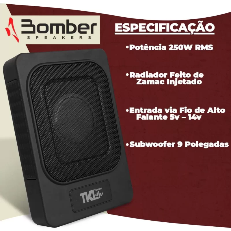 Caixa de Som Amplificada Bomber Super Slim TKLSubwoofer 250W RMS 9″ Alumínio Injetado